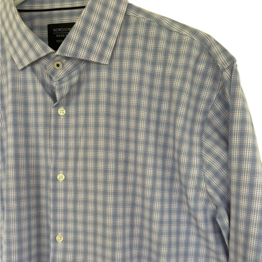 Nordstrom Men's‎ Shop Trim Fit Blue Button Down LS Blue Plaid Size 36-37 16 Neck